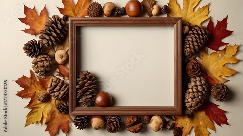 Empty Picture Frame Surrounded by Pinecones and Nuts