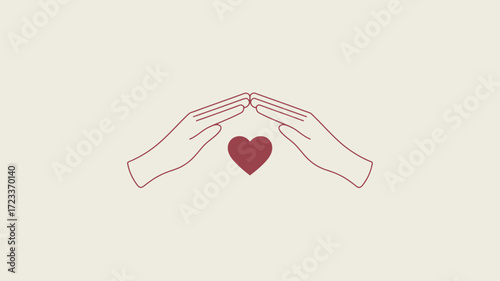 Illustration of two hands forming a roof over a red heart on a light cream colored background art