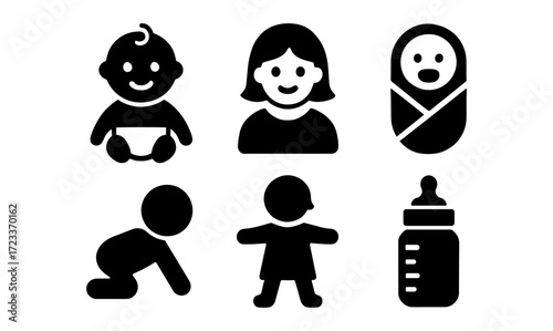 Childhood icons vector set featuring baby, toddler, and infant elements for design projects