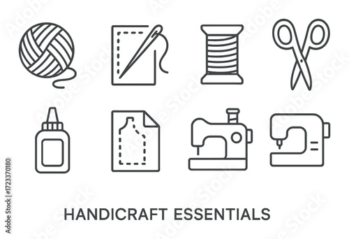 Handicraft essentials: yarn, needle, scissors, glue, sewing machine icons