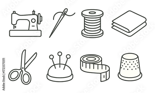 Sewing tools icons: machine, needle, thread, fabric, scissors, pin cushion, tape measure, thimble