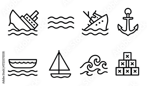 Maritime icons: sinking ships, anchors, waves, boats, cargo, and sailing