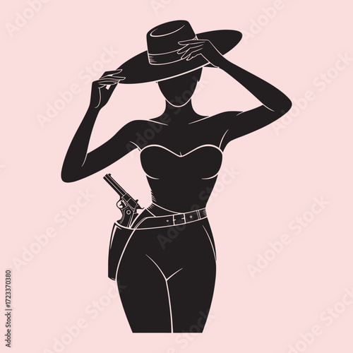 Black silhouette of a woman in a wide-brimmed hat and strapless top with a gun holster and pistol female
