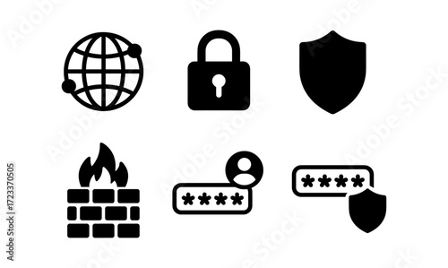 Cybersecurity icon collection featuring lock, shield, firewall, and password symbols for digital protection design