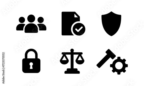 Essential icons set featuring group, document, shield, lock, balance, and hammer for design and applications
