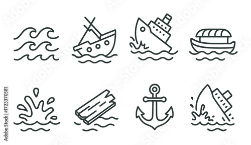 Nautical icons: ships, anchors, waves and boats on gradient background