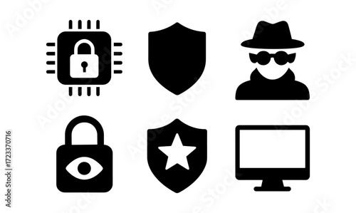 Cybersecurity icons set: shield, lock, and surveillance elements for digital security designs