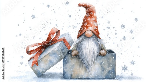 Funny Christmas gnome stuck in gift box winter scene