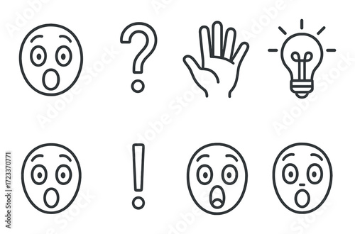 Surprised faces and symbols: emoticons, question mark, exclamation, hand, light bulb on dark background