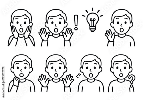 Cartoon expressions of caucasian male child showing surprise and confusion