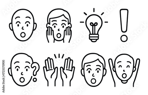 Set of expressive face icons showing surprise, thought, and joy