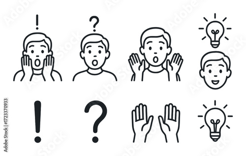 Expressions of surprise and ideas in minimalist line art on dark background