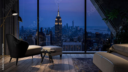 Tableau sur toile Luxury lounge interior with night view of Empire State Building and NYC skyline