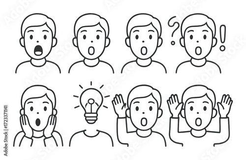 Cartoon expressions of young male character with light bulb moment