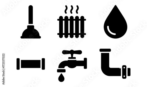 Plumbing icon set: simplistic vector designs for pipes, faucets, and water elements