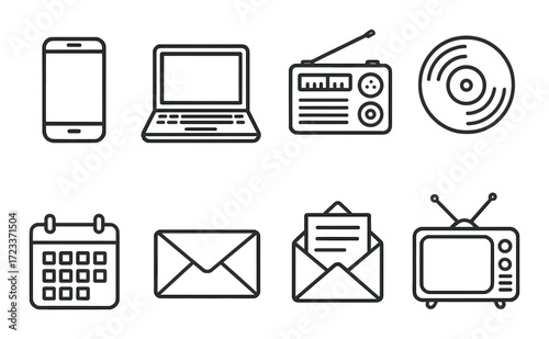 Vintage electronics icons collection: phone, laptop, radio, vinyl, calendar, letter, tv