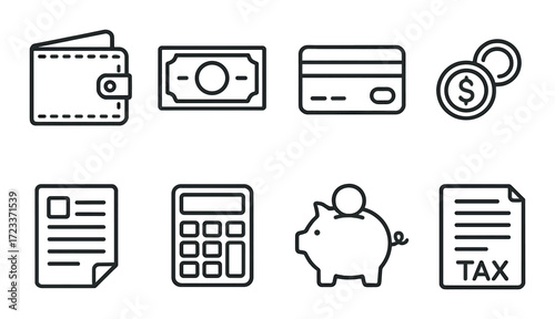 Financial icons: wallet, money, credit card, coins, document, calculator, piggy bank, tax