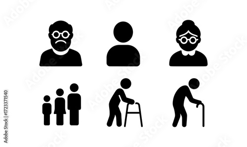 Generational connection icons: illustrations of elderly and family members for communication and community design