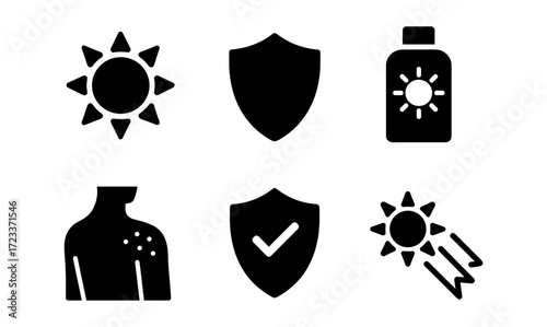 Sun protection essentials icons for skin care and safety