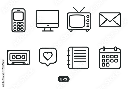 Minimalist icons of vintage and modern communication devices and media