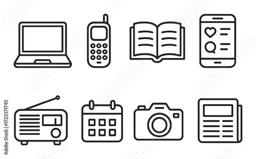 Collection of communication and media icons on metallic background