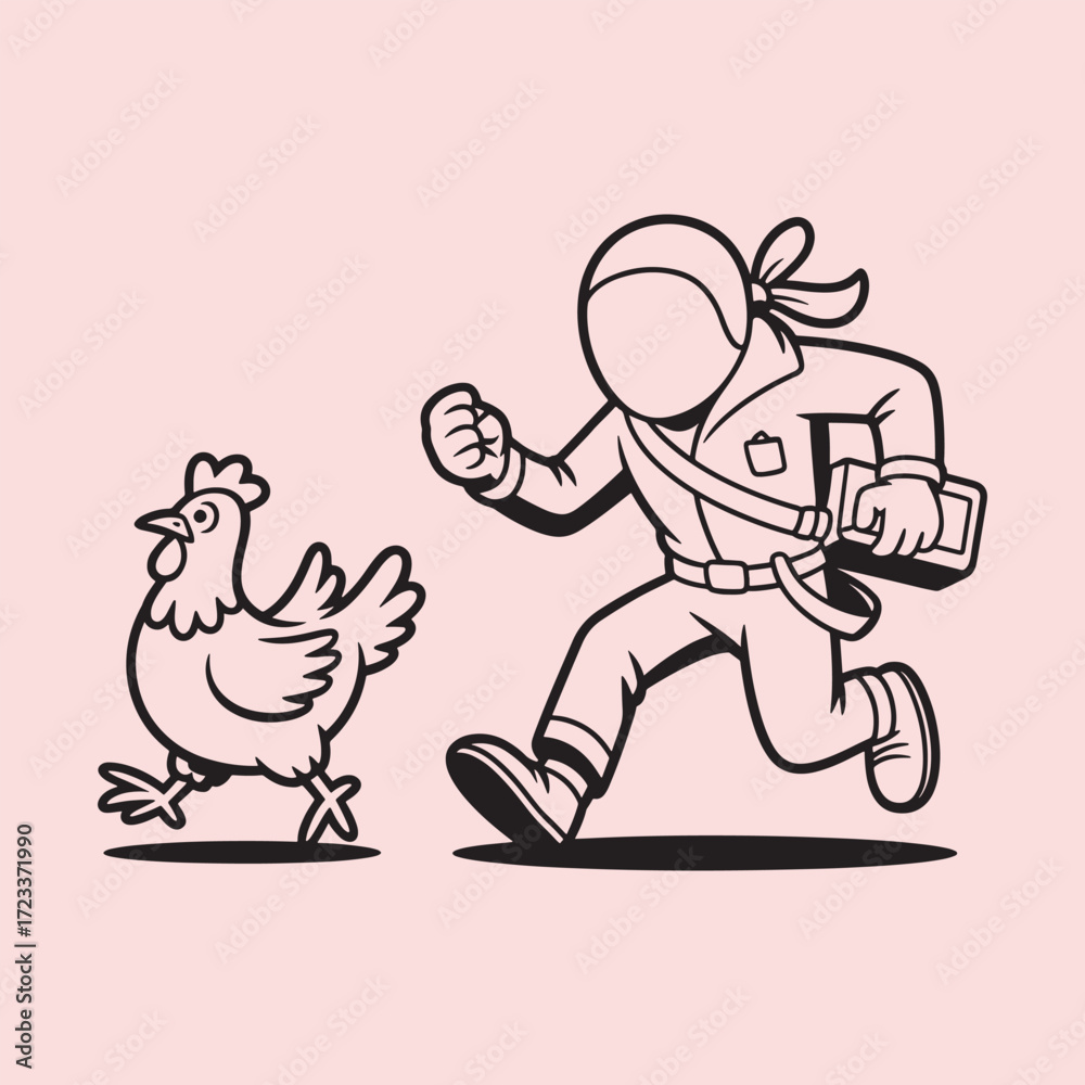 Fototapeta premium Cartoon chicken running away from a person in uniform carrying a satchel chasing