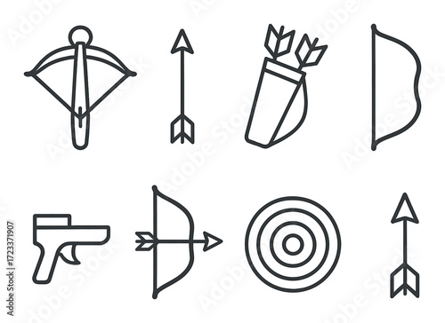 Monochromatic icons of archery and shooting equipment in a grid layout
