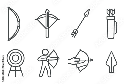 Archery icons set: bow, arrow, target, quiver, crossbow, archer silhouettes