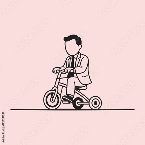 Man in suit riding a tricycle on a pink background transportation