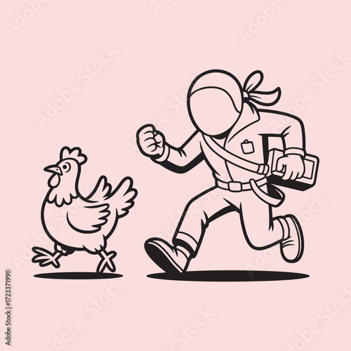 Cartoon chicken running away from a person in uniform carrying a satchel chasing