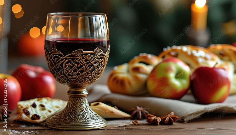 Obraz premium Ornate kiddush cup on table with apples and bread for jewish holiday celebration