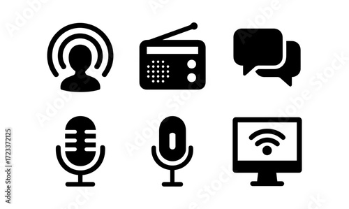 Podcast essentials vector set featuring microphone, radio, and communication icons