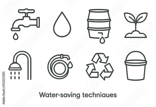 Water conservation icons: tap, drop, barrel, plant, shower, hose, recycle, bucket