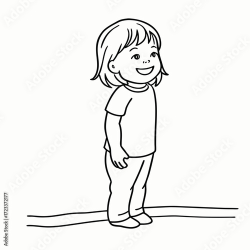 Smiling child standing playfully alone in line art coloring page  for children's activities and education