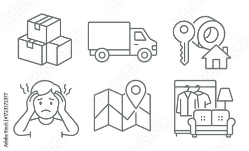 Moving stress: boxes, truck, keys, map, anxiety, and home furnishing