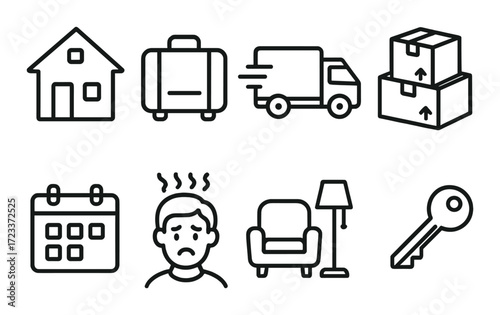 Moving day icons: house, truck, boxes, calendar, stress, furniture, key