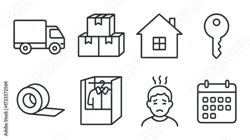 Black and gray moving icons set with truck, boxes, house, key, tape, wardrobe, child, and calendar