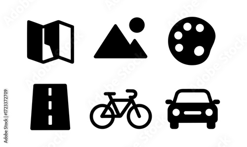 Minimalist vector icons set: map, mountains, palette, road, bicycle, car for design projects