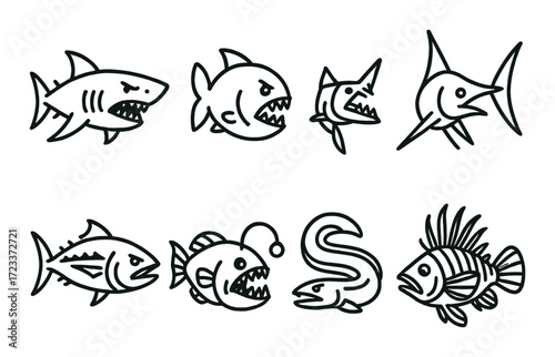 Stylized predatory fish illustrations on dark background