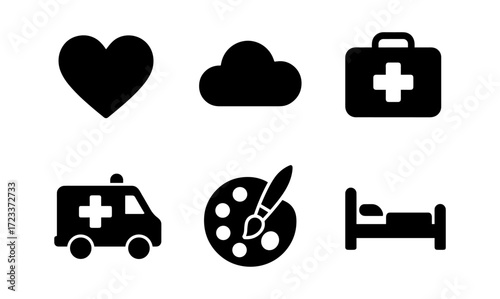 Simple vector icon set featuring heart, cloud, medical kit, ambulance, paint palette, and bed for versatile design applications