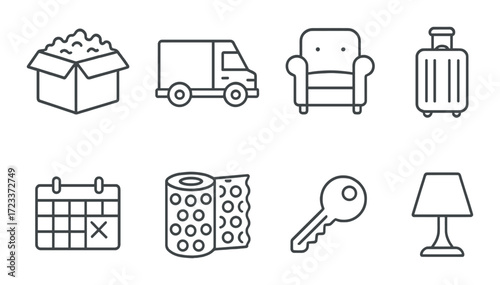 Minimalistic home and travel icons set: box, truck, armchair, suitcase, calendar, paper, key, lamp