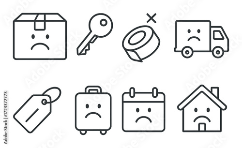 Sad face icons - delayed package delivery, calendar, key, home, and luggage