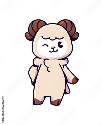 Happy baby sheep smiles and winks. Cute lamb with horns is in pose with hand on its hip. Funny farm animal with positive emotions on face. Flat isolated vector illustration on white background.