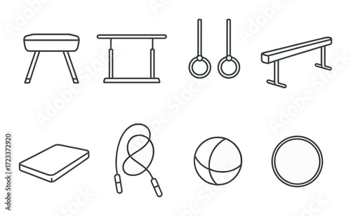 Gymnastics equipment outline set featuring pommel horse, rings, balance beam, jump rope