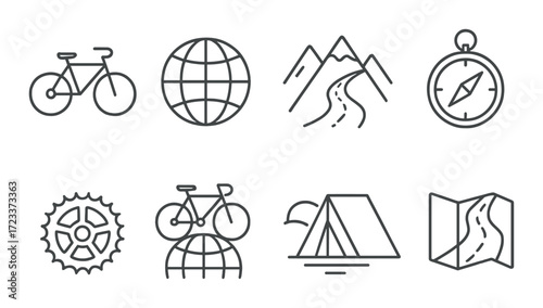 Minimalist adventure icons: bicycle, globe, mountains, compass, gear, tent, map