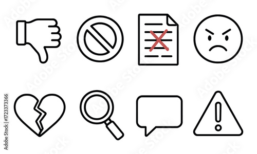 Negative feedback icons: dislike, prohibited, warning, angry, broken heart, search, alert