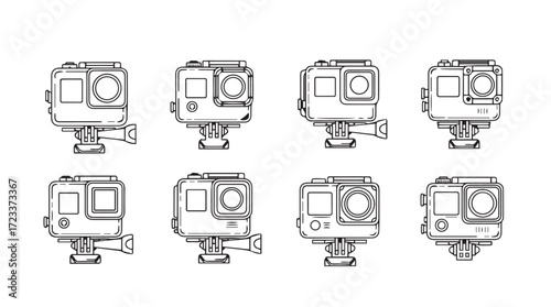 Action camera set diverse angles and perspectives of rugged sports camera equipment silhouette