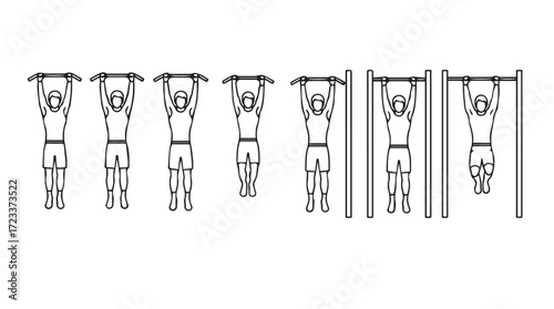 Man performing pull-up exercises series demonstrating different grips and positions on bar silhouette