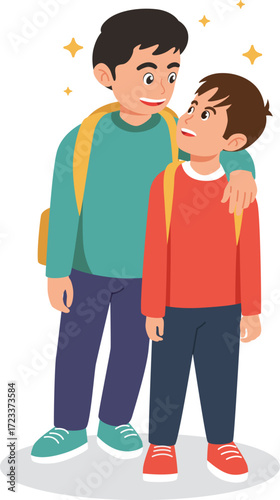 Brotherly Bond – Older and Younger Sibling Walking Together with Backpacks