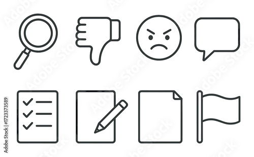 Monochrome icon set: search, feedback, emotions, communication, task, writing, document, flag